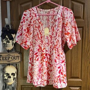 JODIFL Pink & Red Floral Smocked V-Neck Top